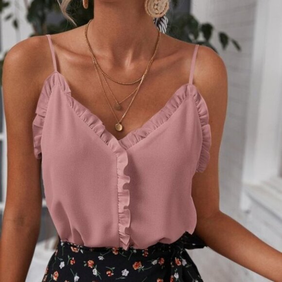 Boho dusty pink frill trim V neck cami top - Picture 1 of 5